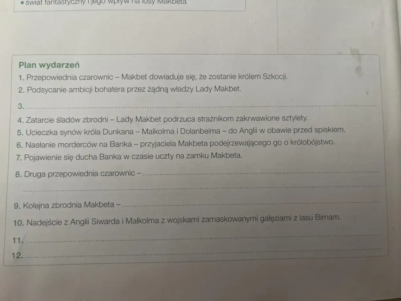 Plan wydarzeń z Makbeta: przepowiednia czarownic, podsycane ambicje, morderstwa, ucieczka synów króla.
