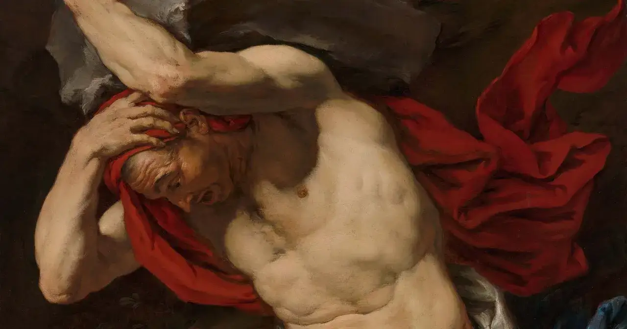 Męczy się Syzyf, próbując wtoczyć głaz. To streszczenie mitu o Syzyfie, ukazujące jego wieczną karę.