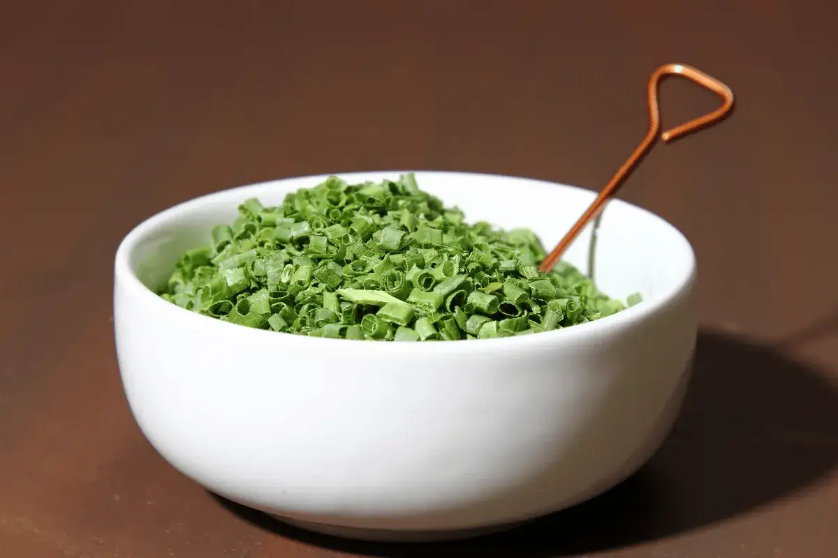 Misternie posiekany szczypiorek w białej miseczce, gotowy do tego, by go suszyć czy mrozić.