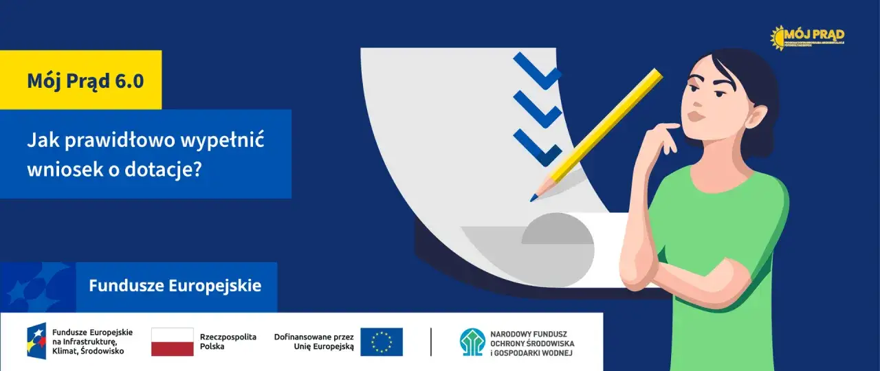 Kobieta zastanawia się, jak wypełnić wniosek o dotację. Grafika przedstawia formularz z zaznaczonymi punktami i ołówkiem.