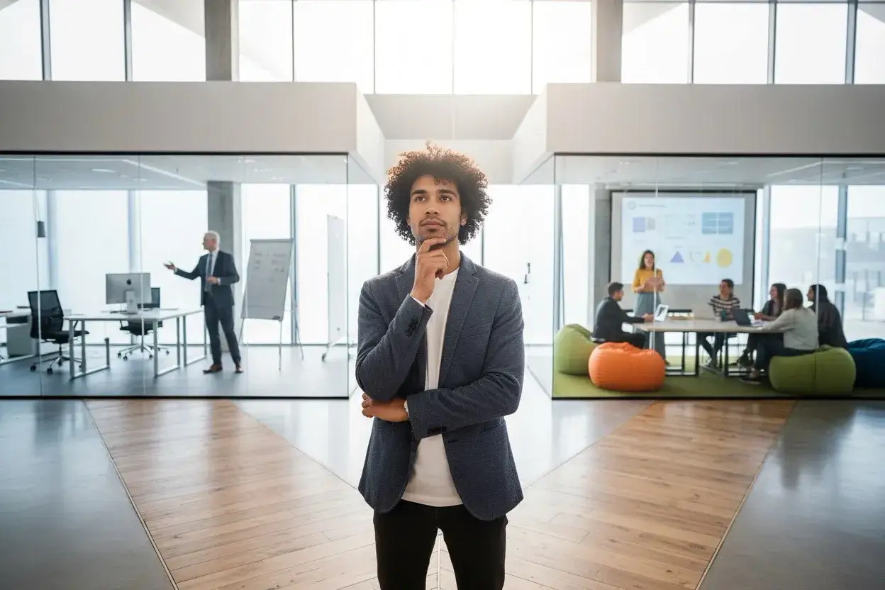 Młody mężczyzna zamyślony stoi na rozwidleniu dróg w nowoczesnym biurze.