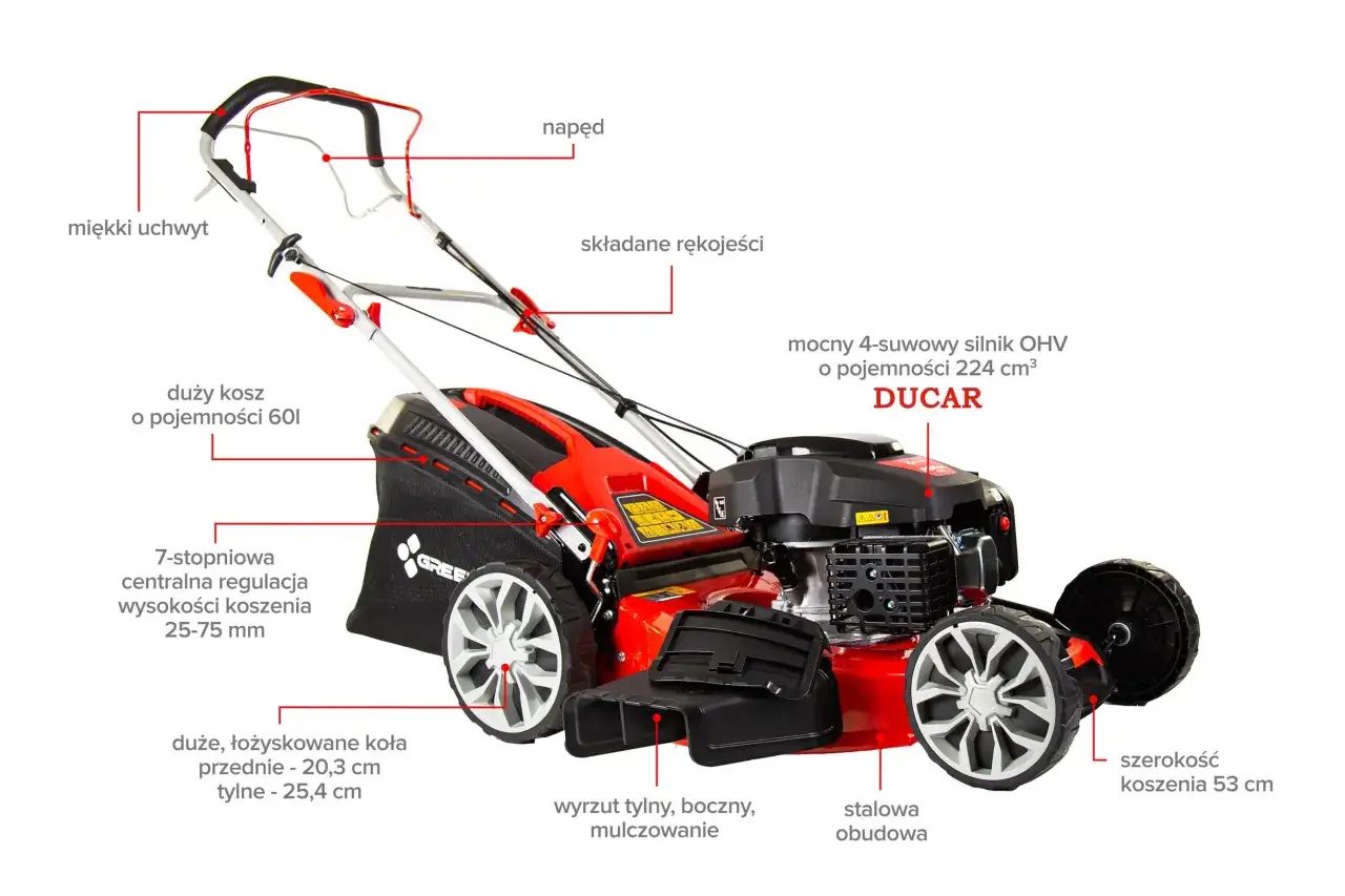 Czerwona kosiarka spalinowa z napędem i silnikiem 224 cm³. Duży kosz 60l, szerokość koszenia 53cm. Dowiedz się, ile kosztuje kosiarka spalinowa z takimi funkcjami.