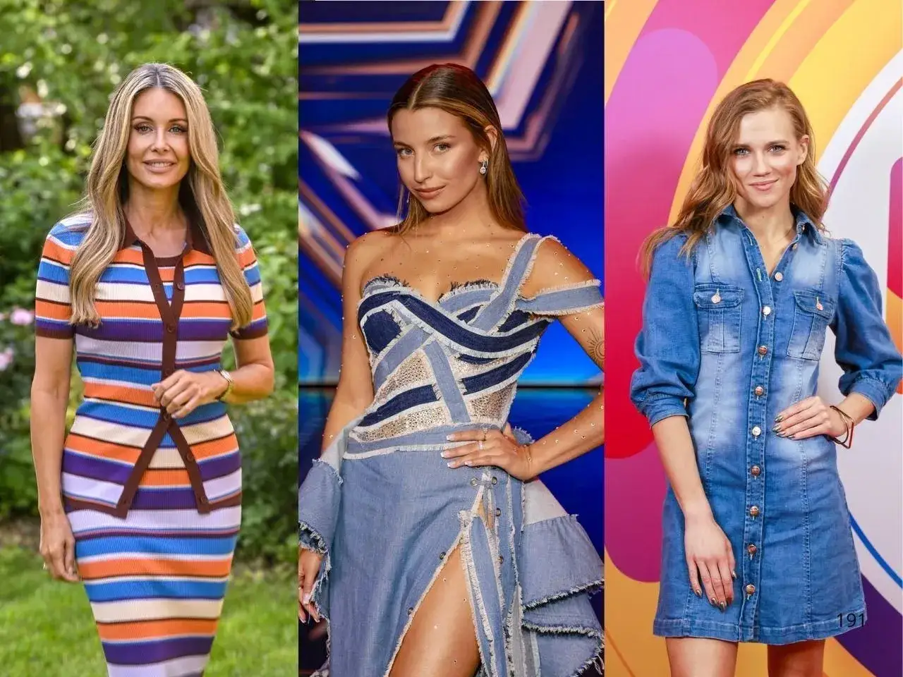 Trzy polskie aktorki w stylizacjach: w pasiastej sukience, sukni z denimu i jeansowej sukience.