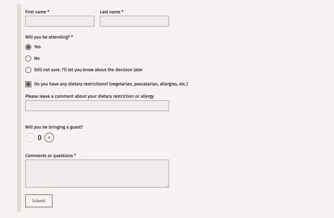 Formularz weselny: jak potwierdzić obecność na weselu, etykieta RSVP i terminy. Wybierz "Tak" lub "Nie", podaj dane i gości.