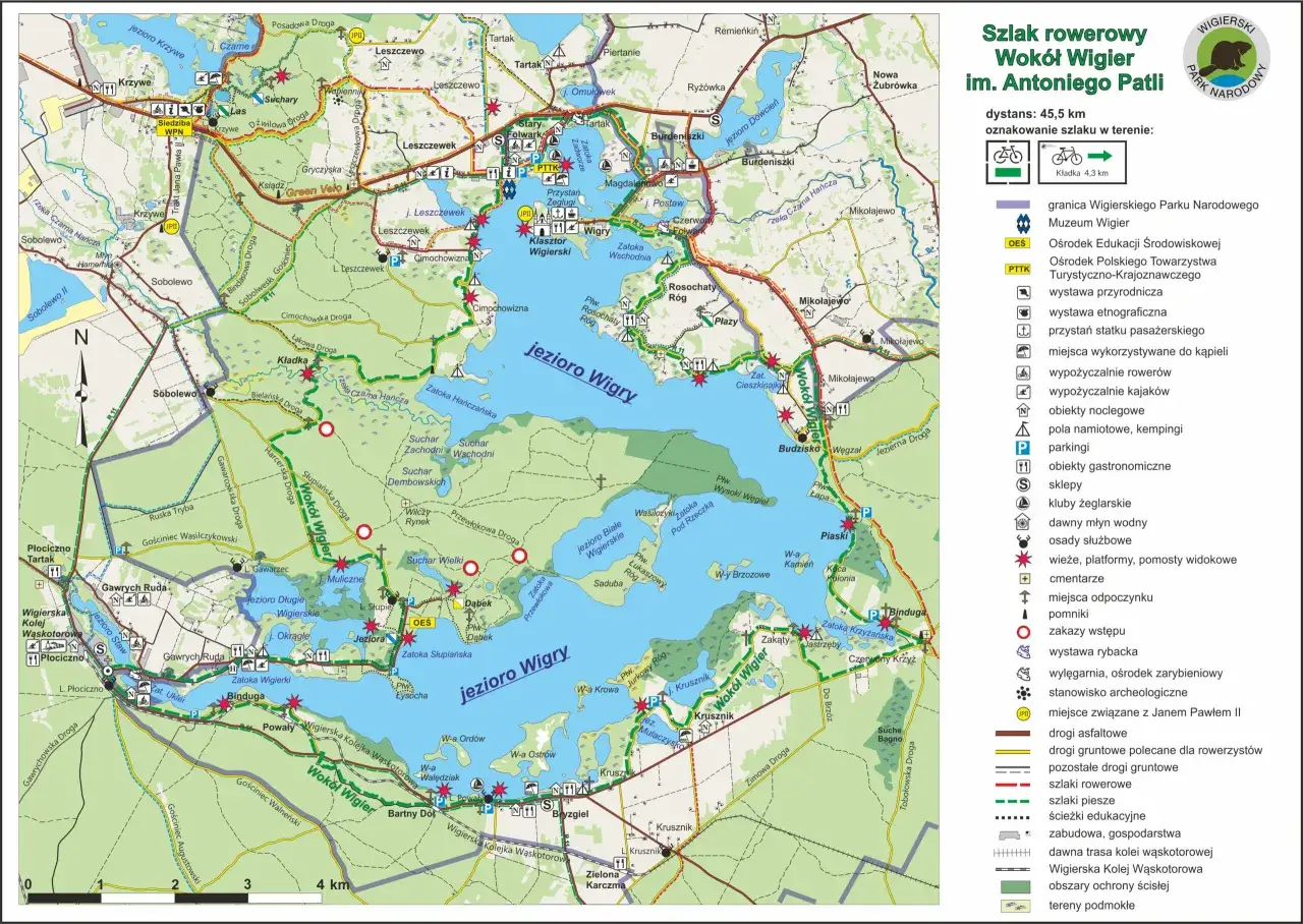 Mapa szlaku rowerowego wokół jeziora Wigry w Wigierskim Parku Narodowym.