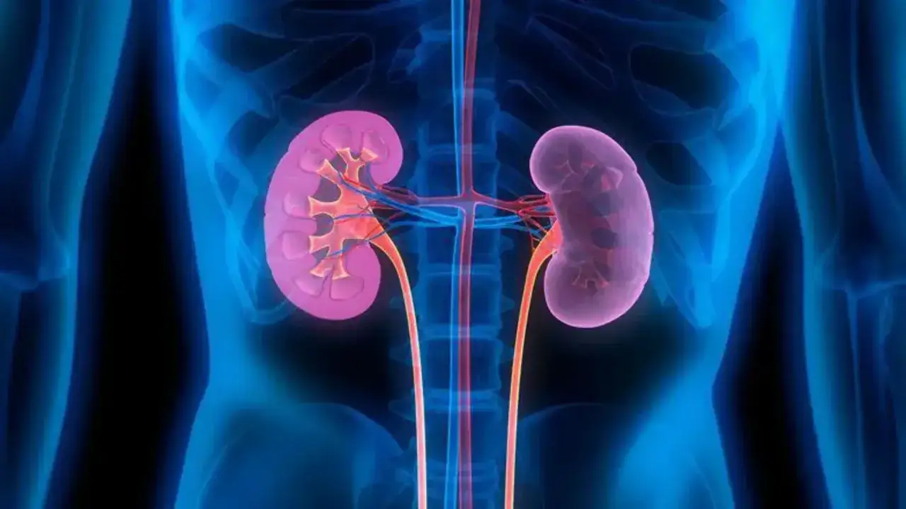 Anatomia nerek z widocznymi naczyniami krwionośnymi. Grafika może być pomocna w zrozumieniu, jak rak nerki wpływa na rokowania pacjenta.
