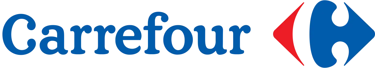 Logo Carrefour z niebieskim napisem i charakterystycznym symbolem strzałki w kolorach czerwonym i niebieskim.