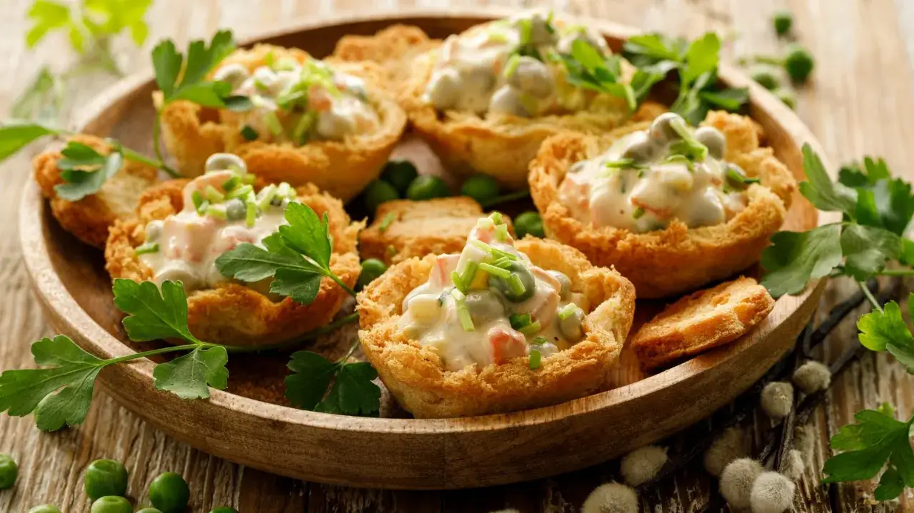 Kruche koszyczki z sałatką jarzynową, ozdobione natką pietruszki. Idealny sposób, jak podać sałatkę jarzynową na eleganckim przyjęciu.