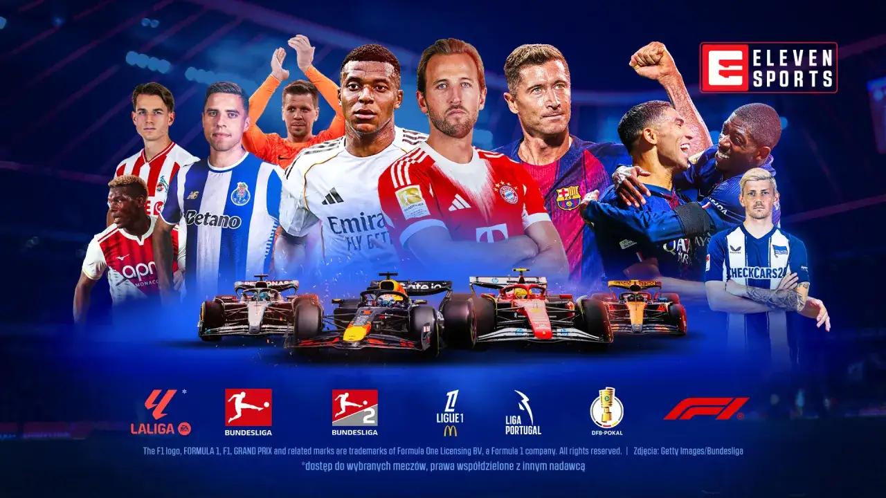 Piłkarze w strojach klubowych i bolidy Formuły 1 na tle logo Eleven Sports.