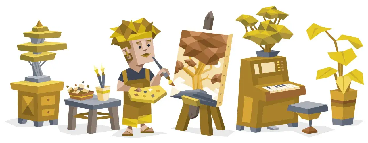 Artysta maluje drzewo, a obok stoi pianino i rośliny. Czy infp jest rzadkie? Może tak, ale tworzy piękne rzeczy.