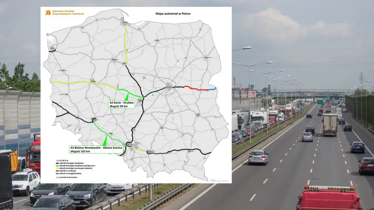 Mapa autostrad w Polsce z zaznaczonymi odcinkami płatnymi i bezpłatnymi oraz zakorkowana autostrada.