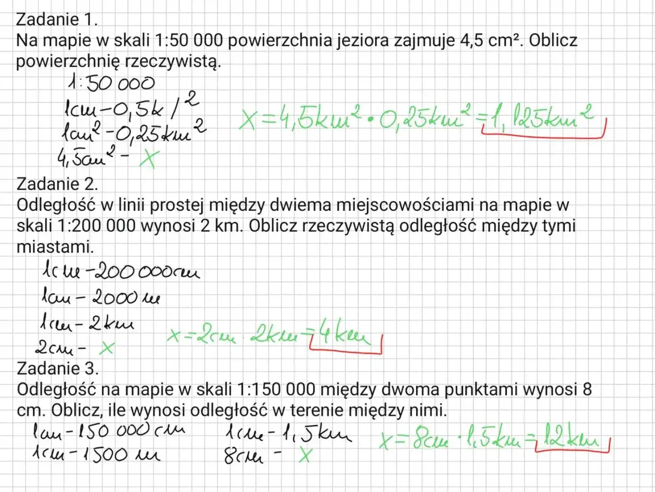 Zadanie 2: odległość między miastami na mapie w skali 1:200 000 wynosi 2 km. Obliczono rzeczywistą odległość.