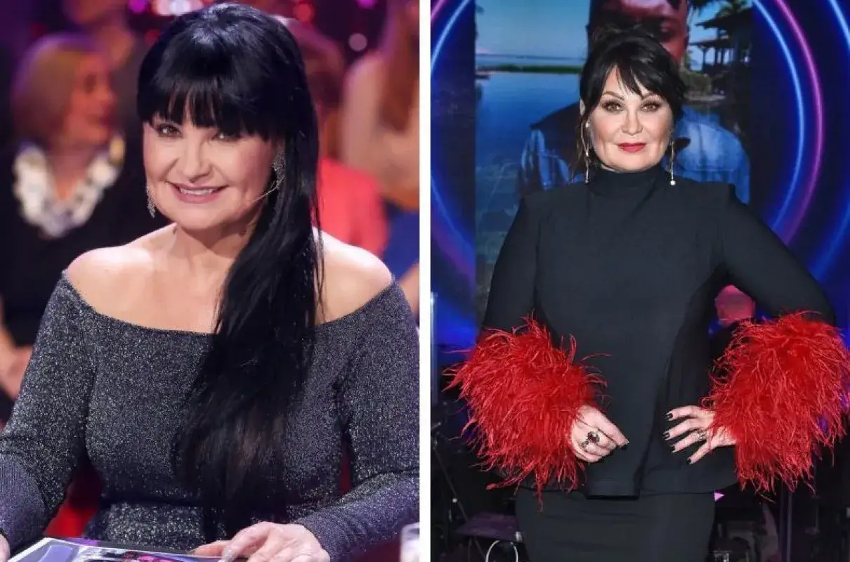 Iwona Szymańska-Pavlović w błyszczącej sukni i czarnej kreacji z piórami.