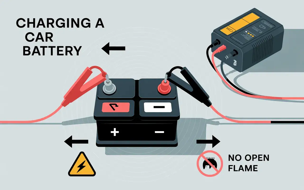 Ilustracja przedstawia prostownik podłączony do akumulatora samochodowego za pomocą klem.