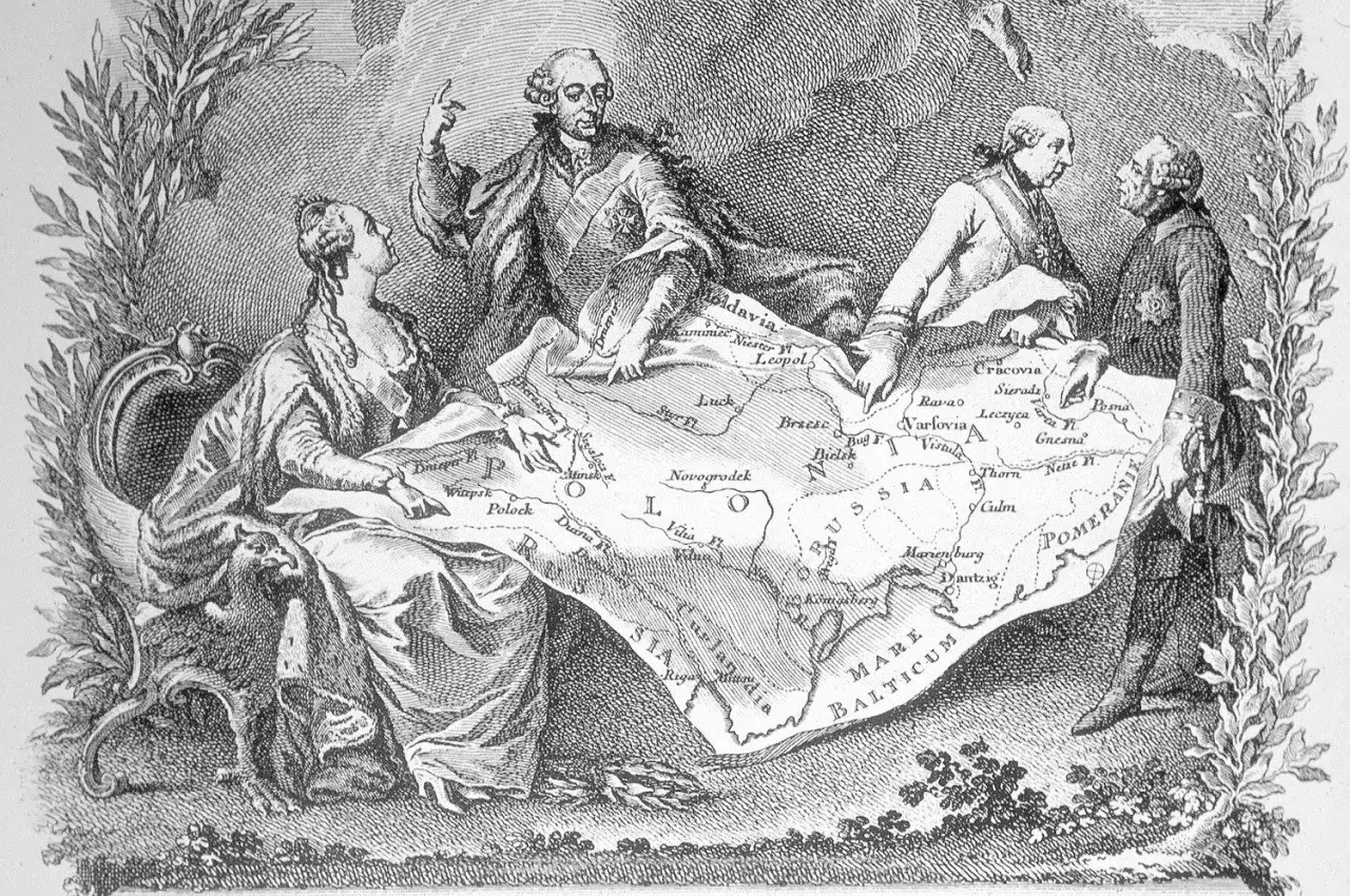 Trzej władcy dzielą mapę Polski, symbolizując II rozbiór Polski. Kobieta w żałobie patrzy na okaleczoną ojczyznę.