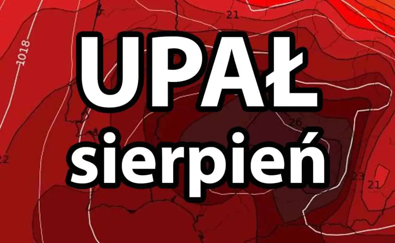 Mapa synoptyczna z zaznaczonym upałem w Tunezji w sierpniu. Czerwone barwy wskazują wysokie temperatury.