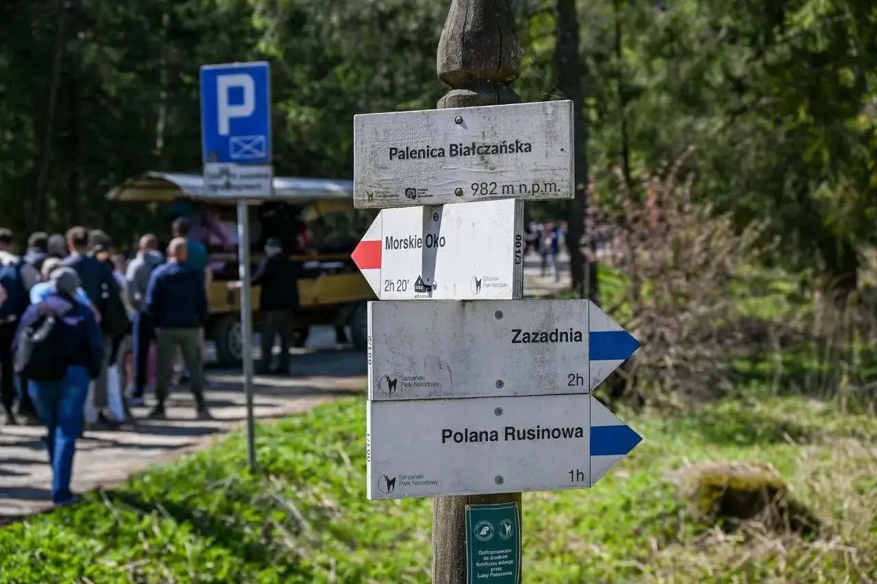 Rozdroże szlaków w górach. Co oznacza żółty szlak w górach? Tutaj widzimy drogowskazy na Palenicę Białczańską, Morskie Oko, Zazadnią i Polanę Rusinową.