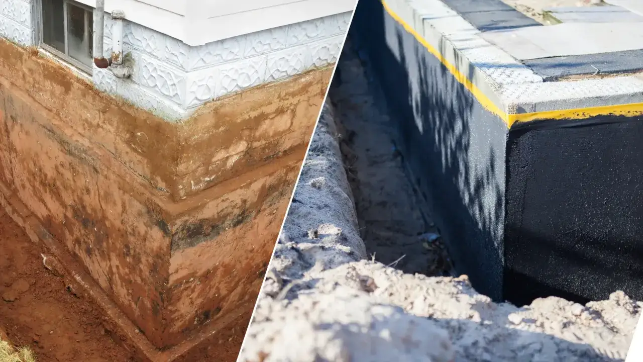 Porównanie fundamentów: stary, wilgotny z widocznymi warstwami ziemi i nowy, zaizolowany. Jaki cement na fundament wybrać?