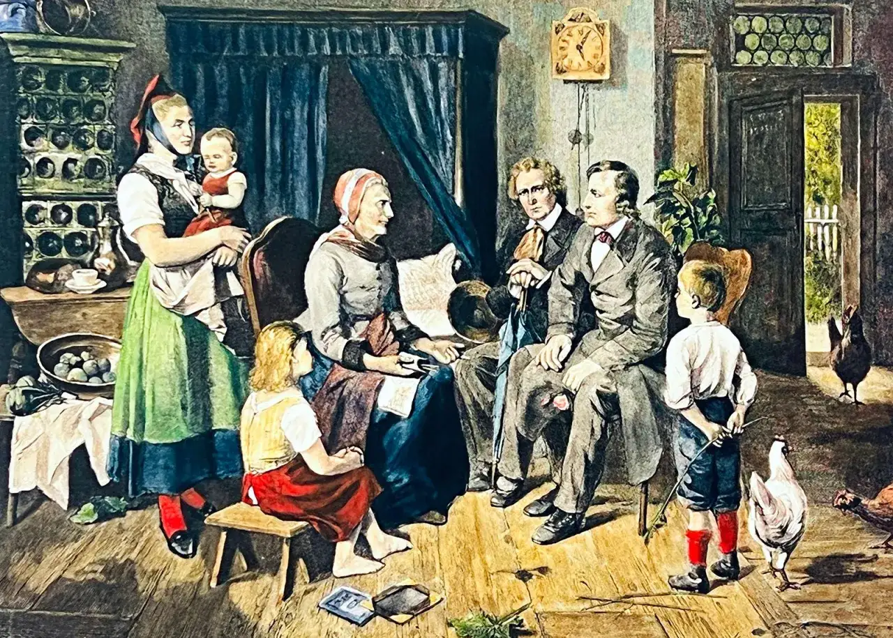 Rodzina zgromadzona w izbie, gdzie matka karmi dziecko, a starsi słuchają opowieści. Obraz ukazuje motyw tradycji w literaturze, przekazywanej z pokolenia na pokolenie.