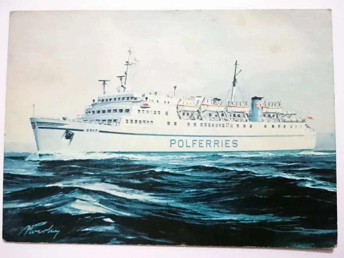 Namalowany statek pasażerski "Gryf" z napisem "POLFERRIES" na burcie, symbol polskiej żeglugi bałtyckiej, pruje fale.