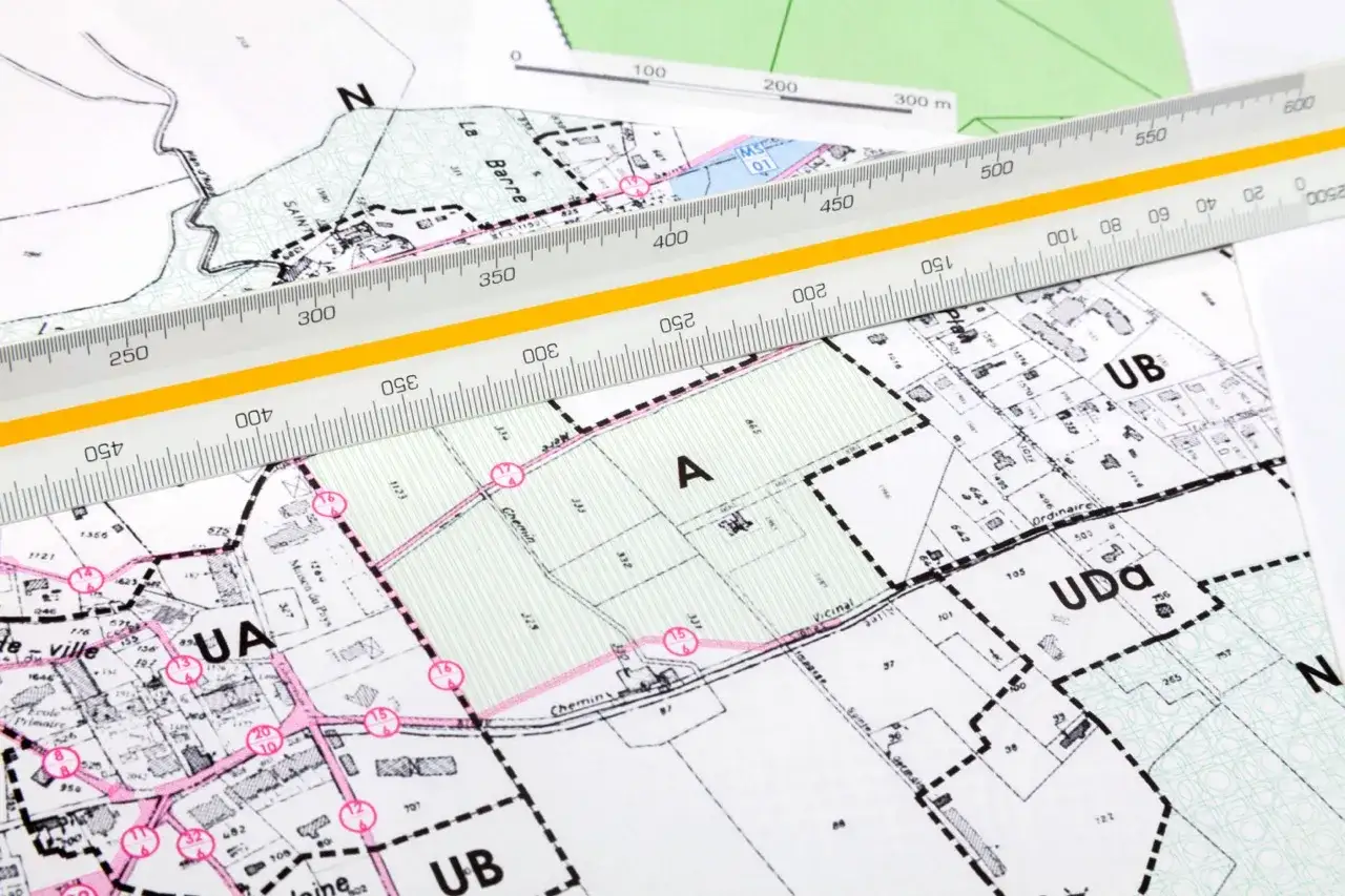Plan zagospodarowania przestrzennego z naniesionymi strefami i podziałami. Linijka geodezyjna pomaga w precyzyjnym pomiarze.
