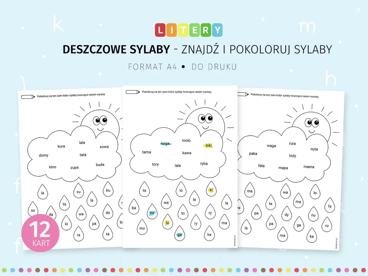 Karty pracy "Deszczowe sylaby" do nauki czytania. Dzieci kolorują sylaby tworzące wyrazy, ćwicząc litery.