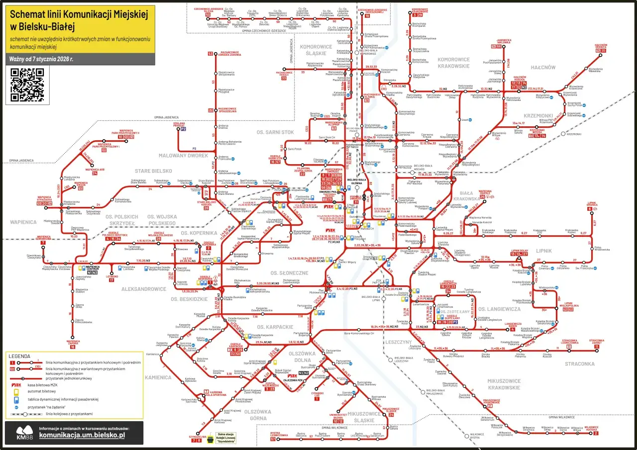 Schemat linii komunikacji miejskiej w Bielsku-Białej. Rozkład jazdy MZK Bielsko Biała z zaznaczonymi przystankami i trasami.