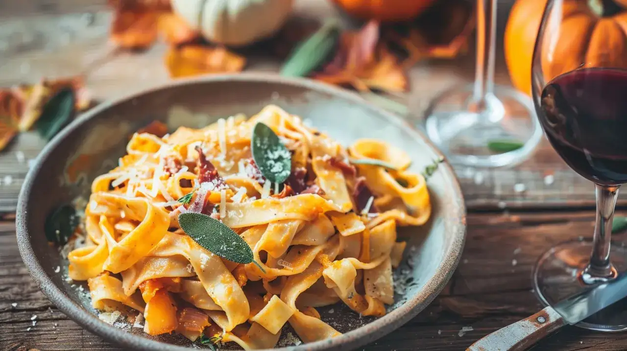 Makaron z dynią, szynką parmeńską, szałwią i serem gorgonzola