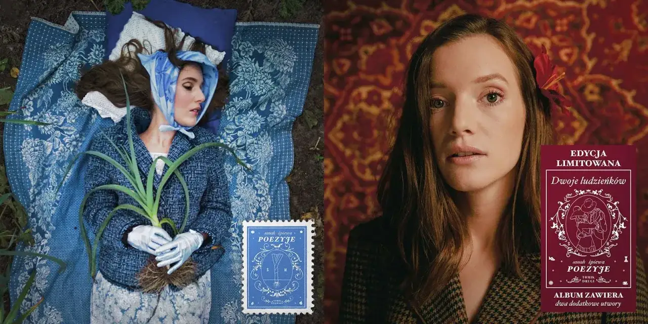 Kobieta w niebieskiej chuście i płaszczu leży na ziemi z porami. Obok znaczek pocztowy z napisem "sanah śpiewa POEZJE". Po prawej zbliżenie na twarz kobiety z kwiatem we włosach i okładkę albumu "Dwoje ludziów".