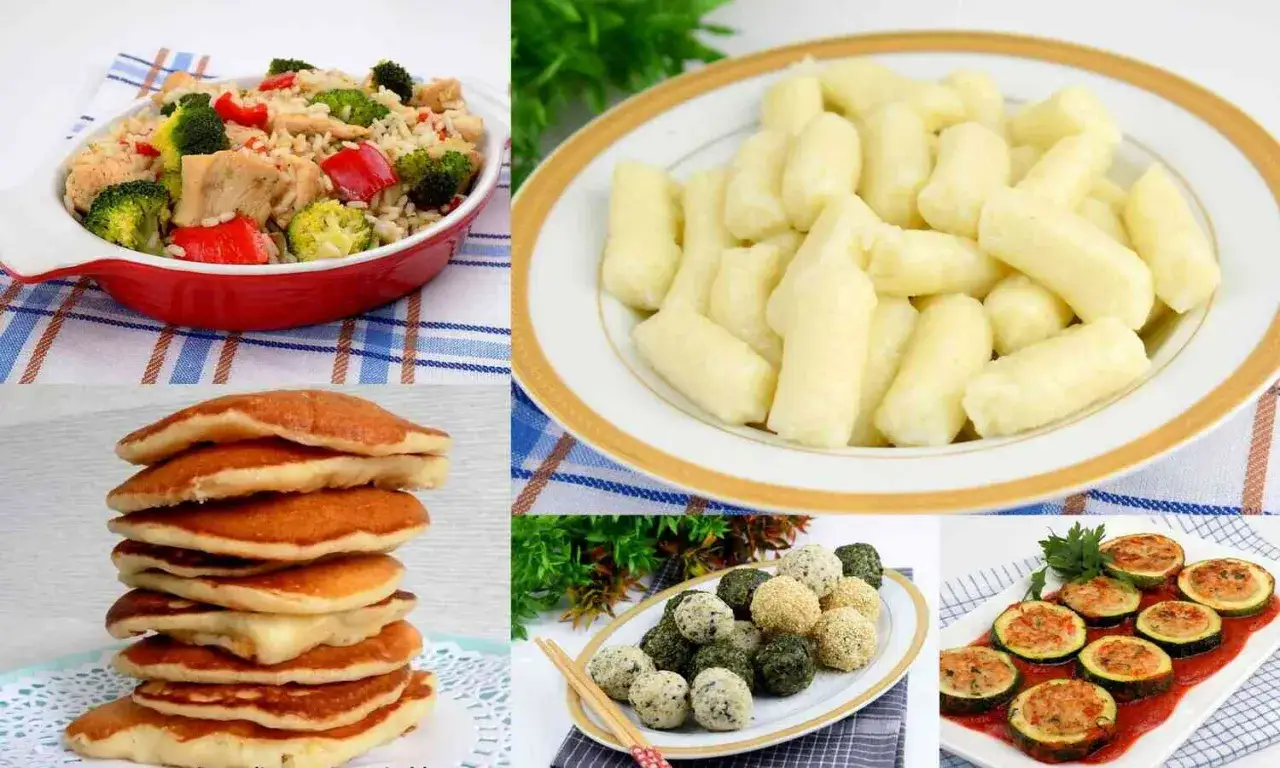 Kolaz z daniami: ryż z kurczakiem i warzywami, kluski, naleśniki, kulki ryżowe i faszerowane cukinie.