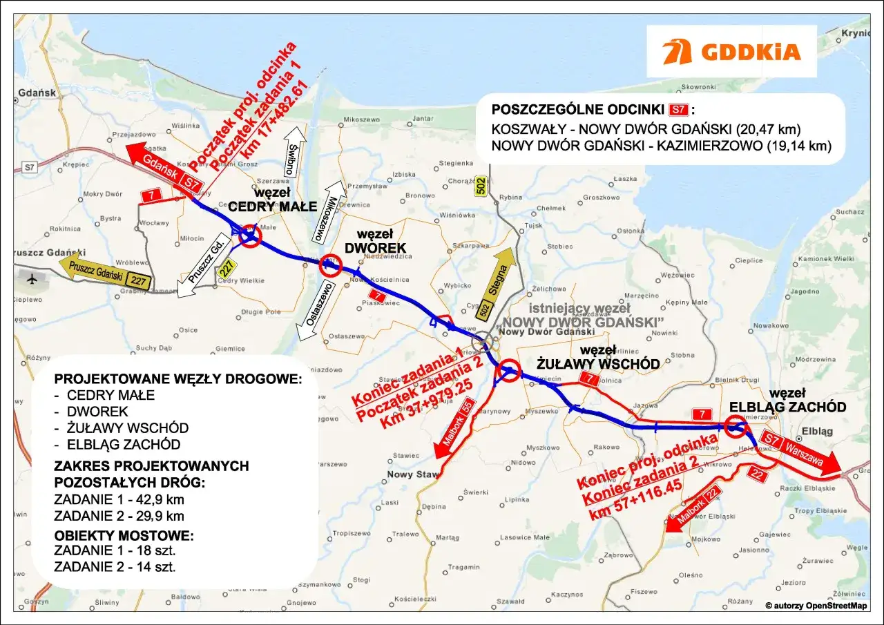 Mapa drogowa z zaznaczonymi węzłami drogowymi i odcinkami S7. Widoczna droga krajowa 7 oraz węzły Cedry Małe, Dworek, Żuławy Wschód i Elbląg Zachód.