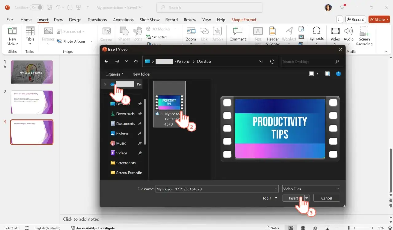Okno dialogowe "Wstaw wideo" w programie PowerPoint, z zaznaczonym plikiem wideo "PRODUCTIVITY TIPS".