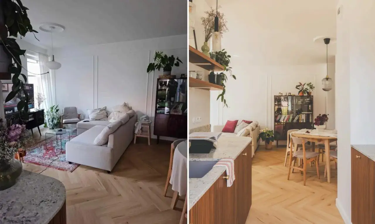 Jasne, oto propozycja:

Nowoczesna fotografia wnętrz: przytulny salon z kanapą, stolikiem kawowym i dywanem, obok jadalnia z drewnianym stołem i krzesłami.