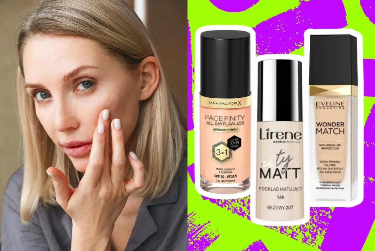 Kobieta aplikuje trwały podkład do twarzy. Obok trzy buteleczki kosmetyków: Max Factor Face Finity, Lirene City Matt i Eveline Wonder Match.