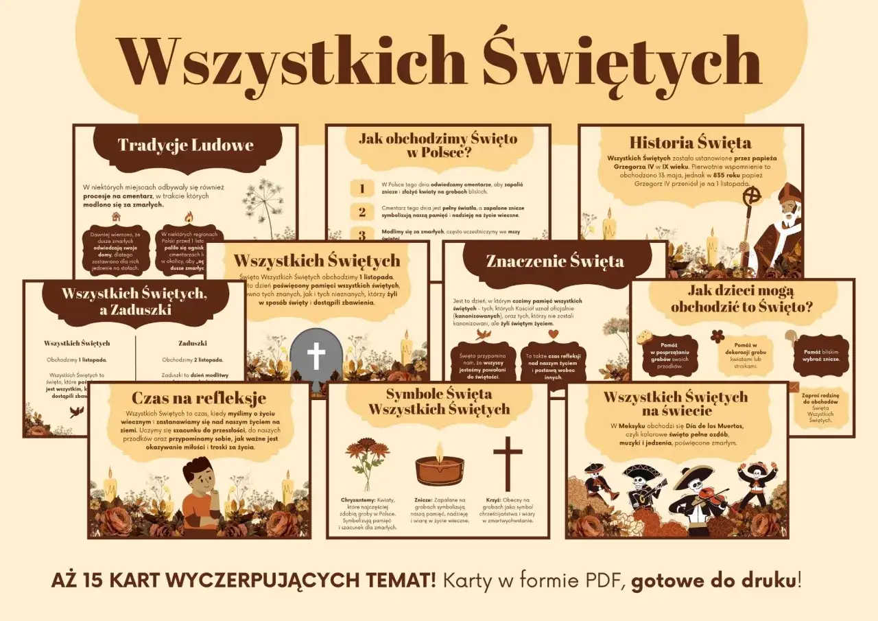 Ilustracja przedstawia symbole i tradycje związane ze Wszystkimi Świętymi i Zaduszkami.