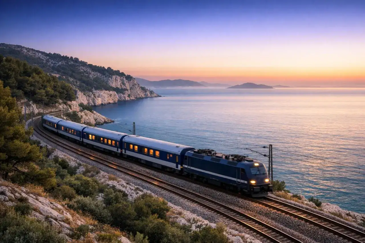 Pociąg mknie wzdłuż wybrzeża Adriatyku, oferując podróż marzeń: polska chorwacja pociągiem. Zachód słońca nad morzem.