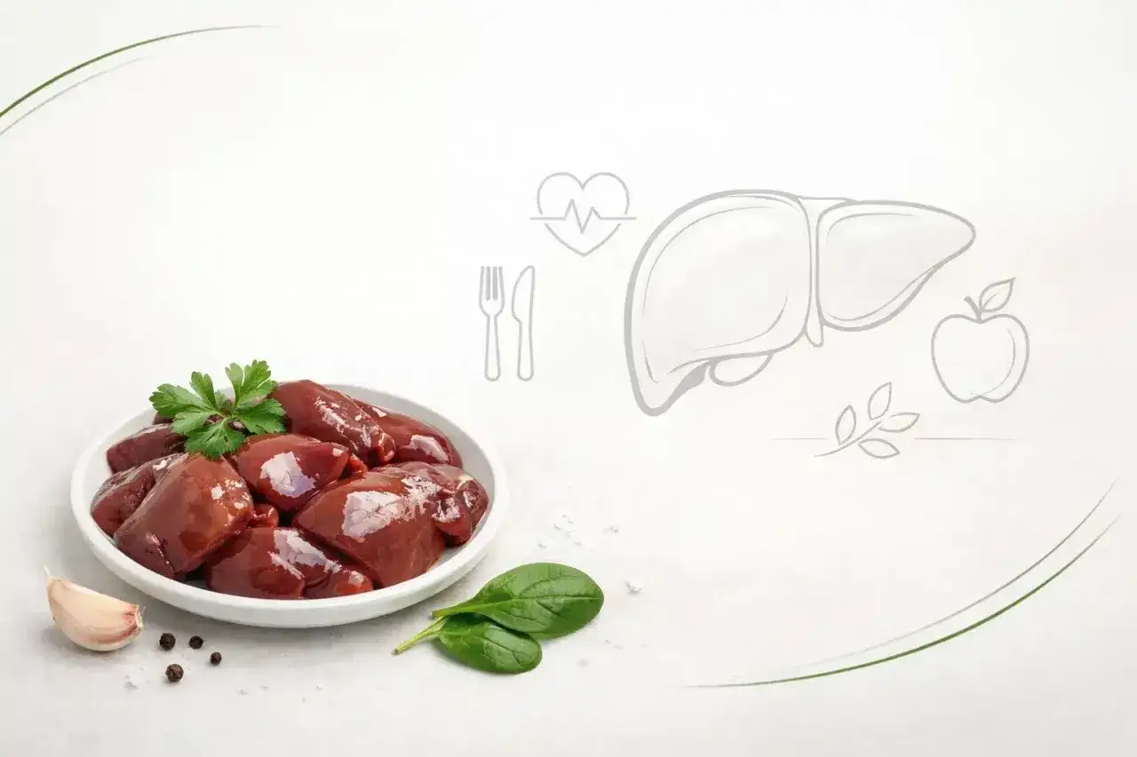 Surowa wątróbka na talerzu, obok czosnek i przyprawy. Grafika wątroby i jabłka sugeruje, czy wątróbka jest zdrowa.