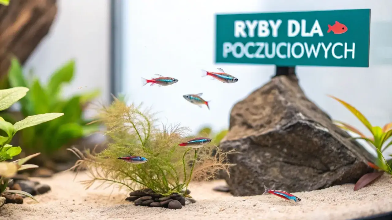 Małe, kolorowe rybki neonowe pływają w akwarium z piaskiem i roślinami.