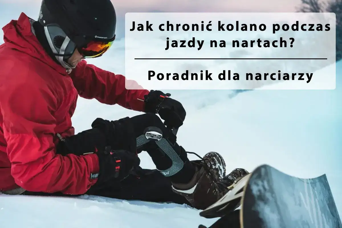 Narty i snowboardzista w czerwonej kurtce pokazuje, jak zabezpieczyć kolana na nartach. Poradnik dla narciarzy.