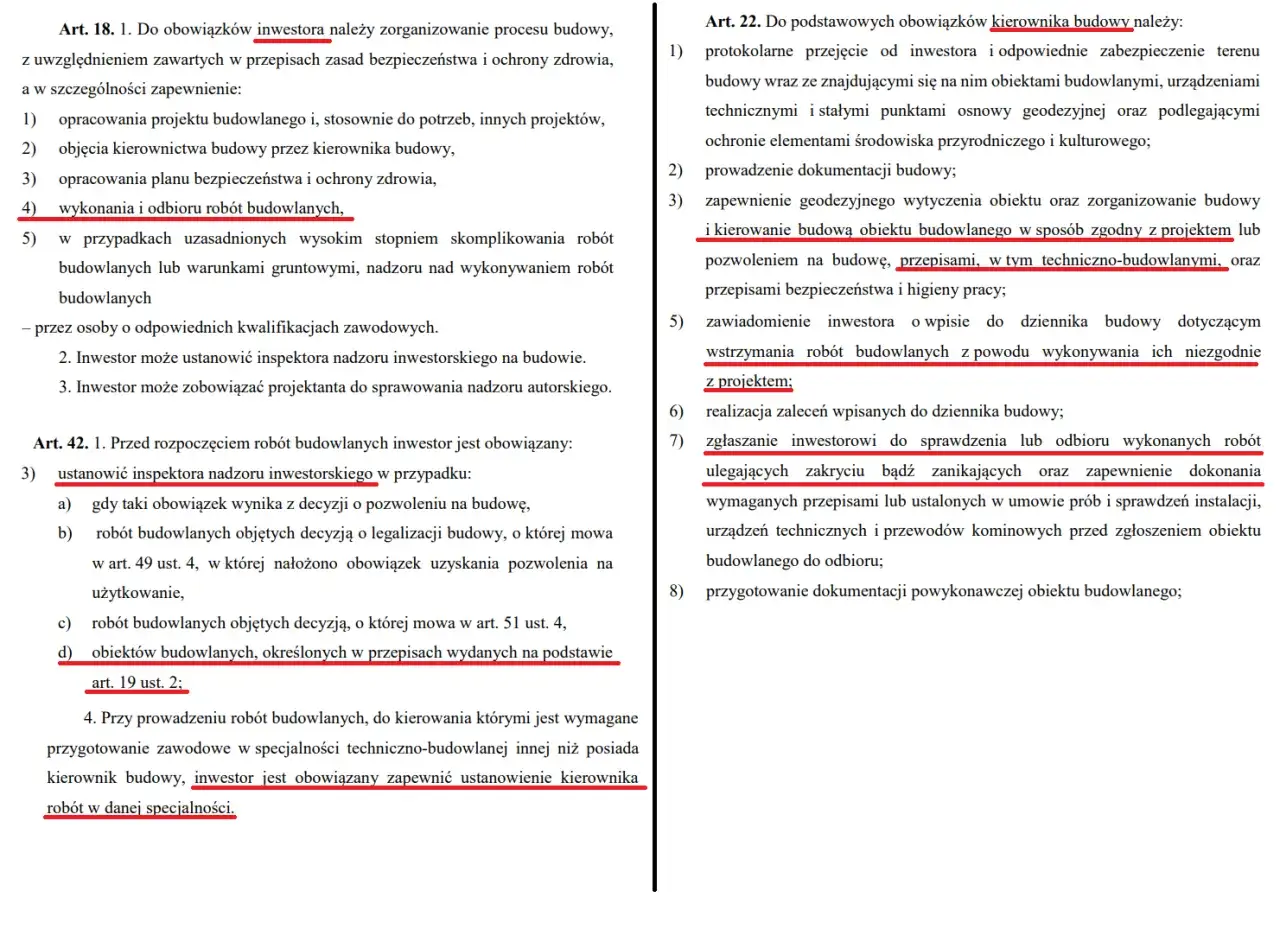 Fragment tekstu prawnego dotyczący obowiązków inwestora i kierownika budowy.