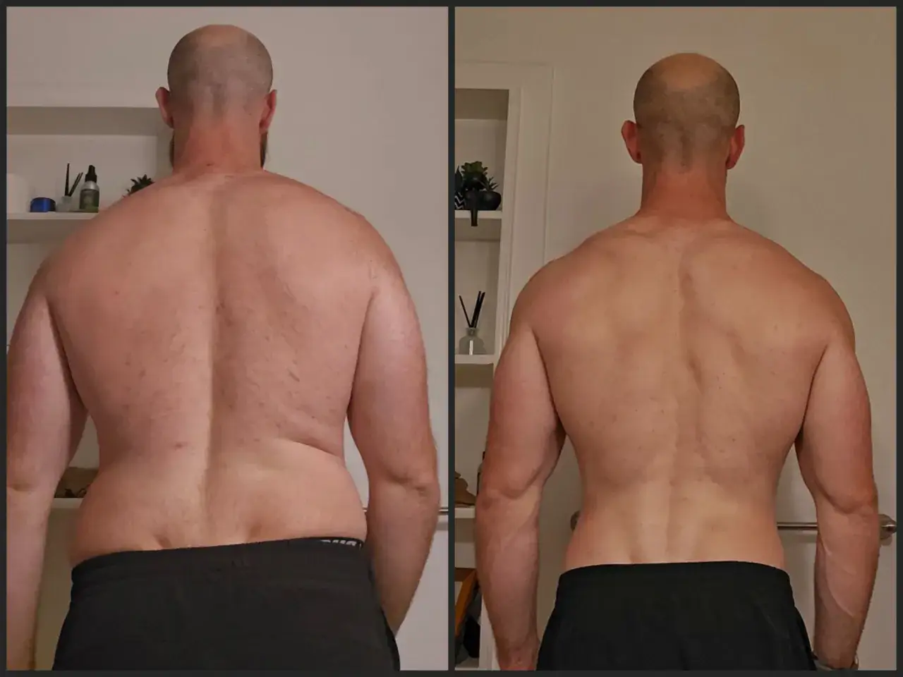 Dwa zdjęcia mężczyzny z różnym stopniem umięśnienia pleców.