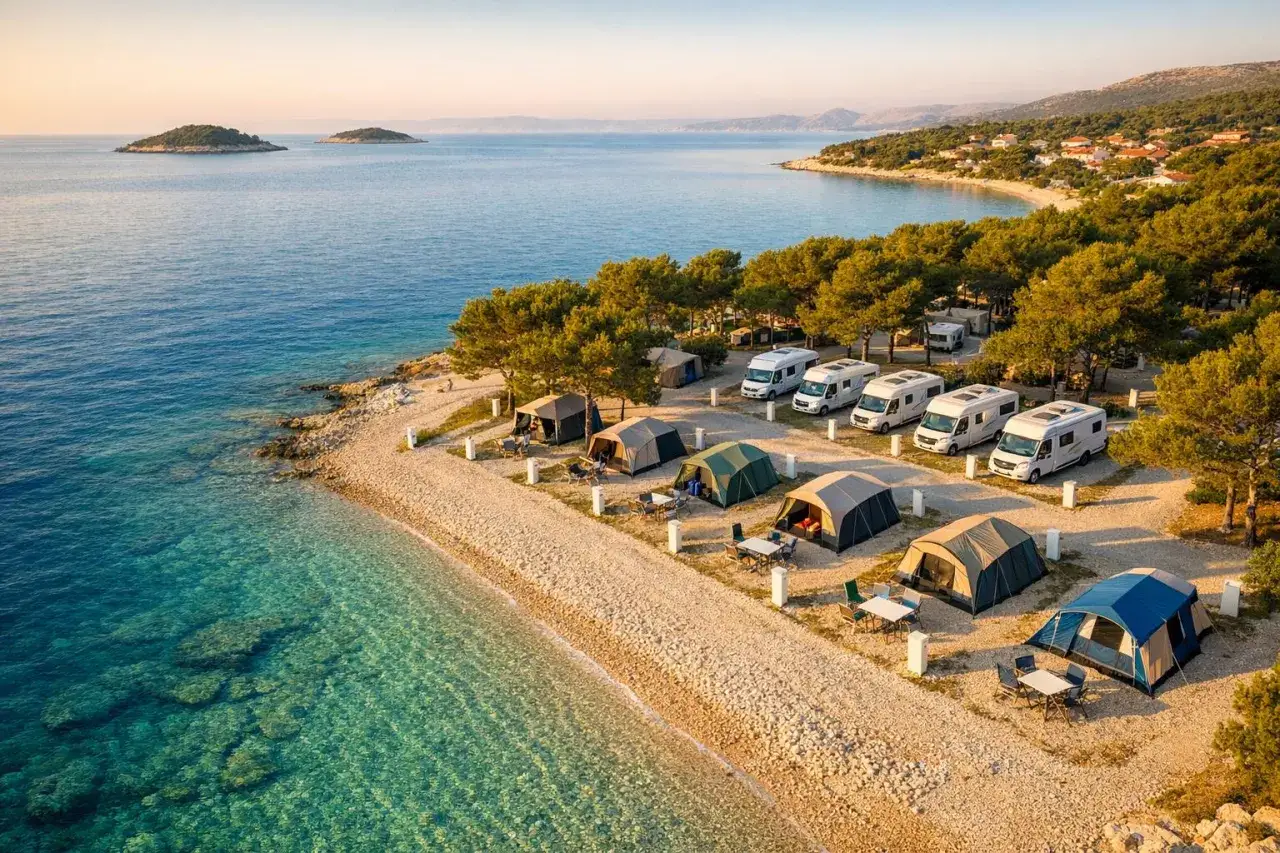 Kemping nad morzem w Chorwacji z kamienistą plażą, namiotami i kamperami.