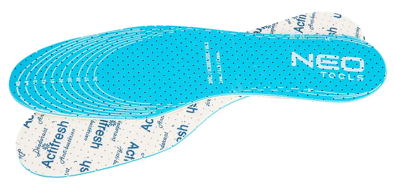 Dwie wkładki do butów, jedna niebieska z podziałką rozmiarów, druga biała z napisami "Actifresh".