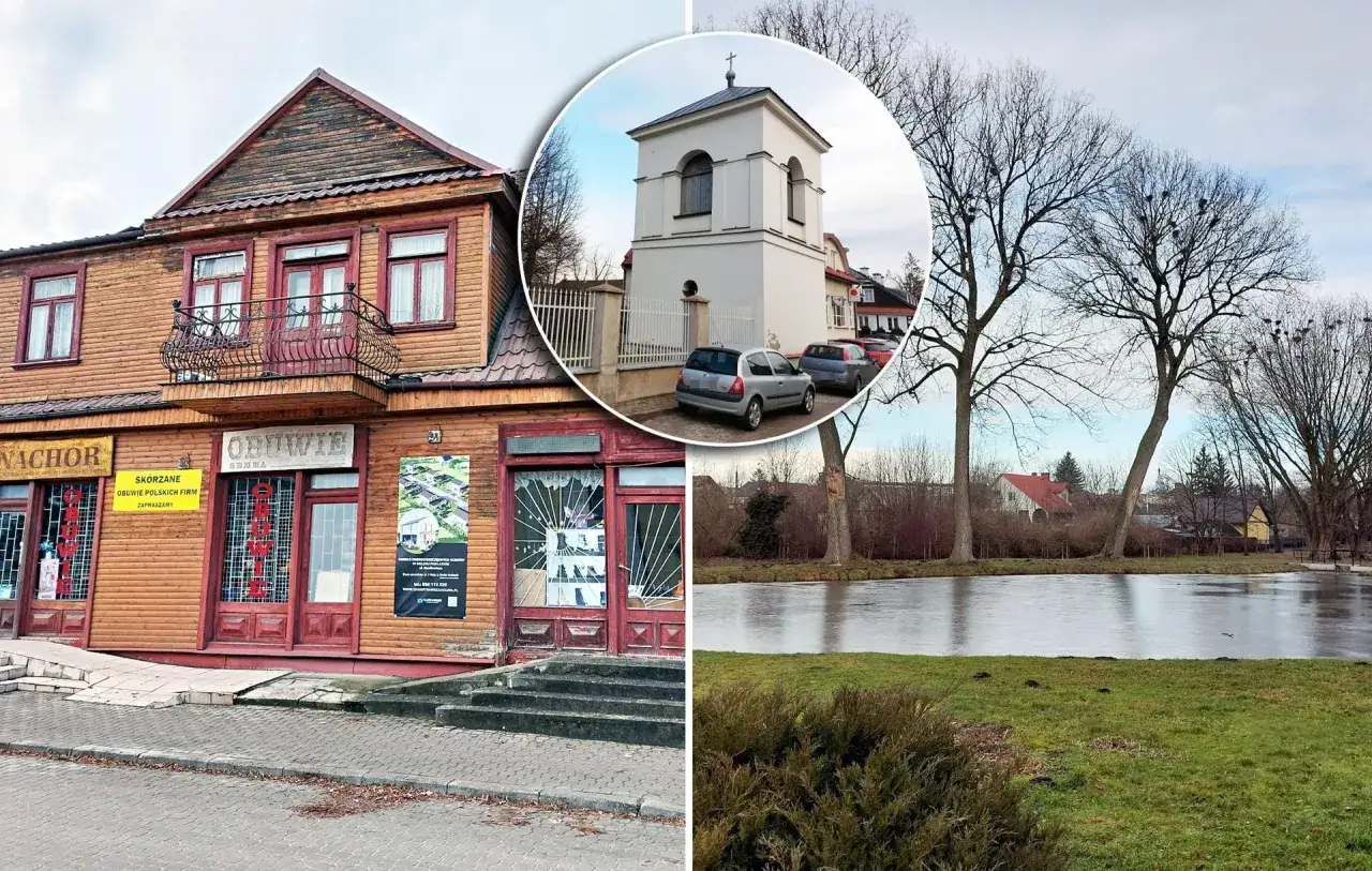 Drewniany budynek z szyldem "Nacho" i dzwonnica, gdzie nagrywali nowego znachora. W tle staw i drzewa.