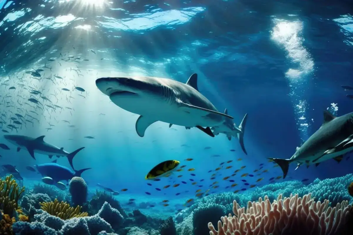 Wielkie rekiny pływają w błękitnym morzu, wśród ławic ryb i koralowców. Słońce przebija się przez wodę, tworząc magiczny widok.