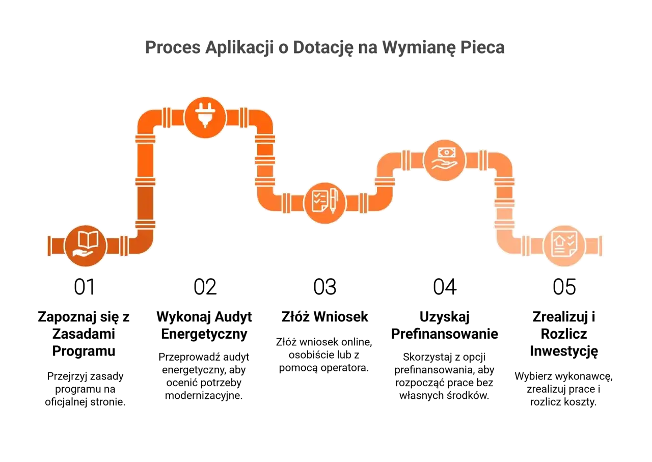 Schemat procesu aplikacji o dotację na wymianę pieca. Co jeśli nie stać mnie na wymianę pieca? Zobacz, jak uzyskać wsparcie finansowe na nowy piec.