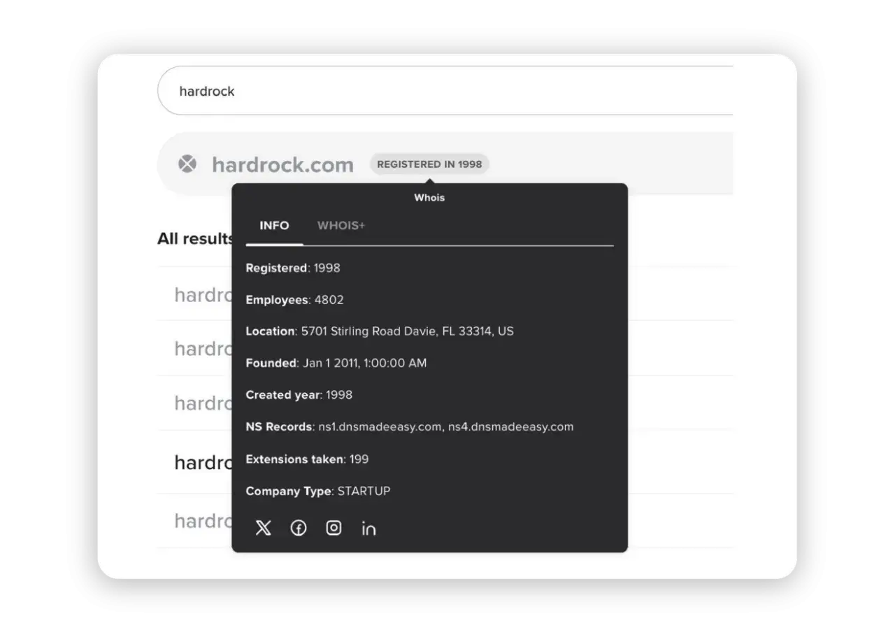 Wyniki wyszukiwania domeny hardrock.com z informacjami WHOIS, w tym datą rejestracji 1998.