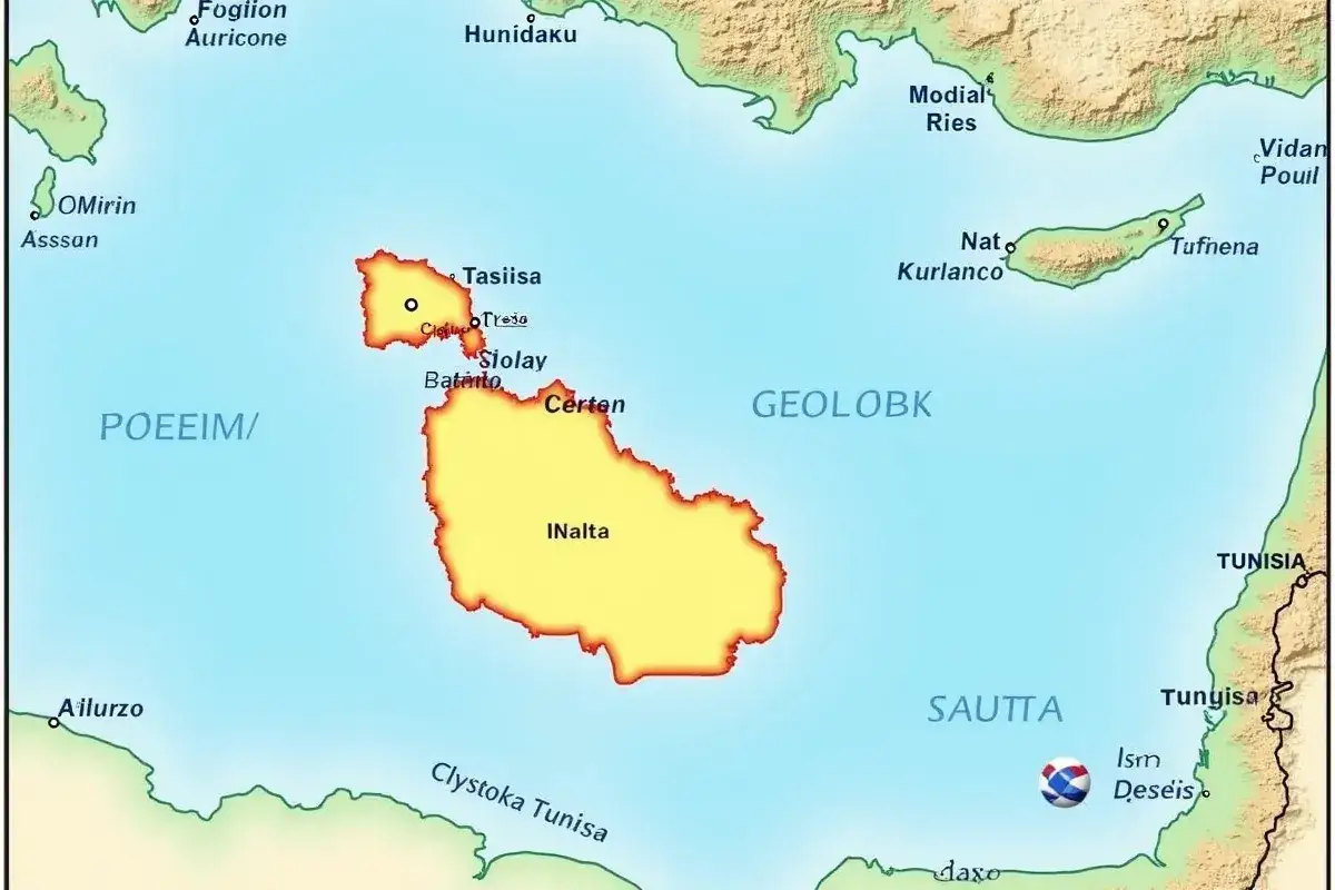 Mapa pokazuje, gdzie leży Malta, między Tunezją a Włochami. Widać archipelag z wyspami Gozo i Comino.