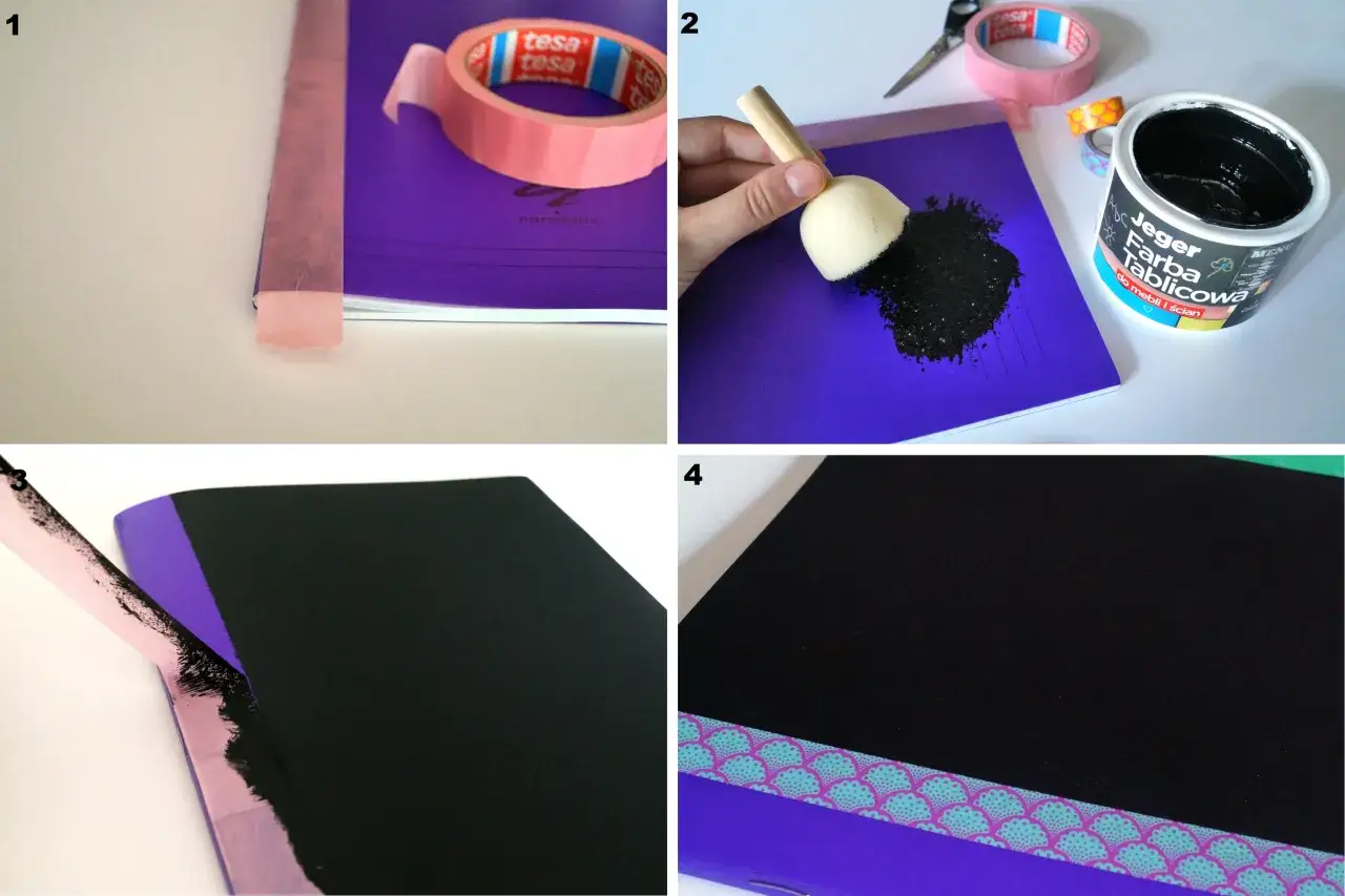 Jak ozdobić zeszyt do techniki: oklejamy brzeg taśmą, malujemy czarną farbą tablicową, a na koniec dodajemy ozdobną taśmę.