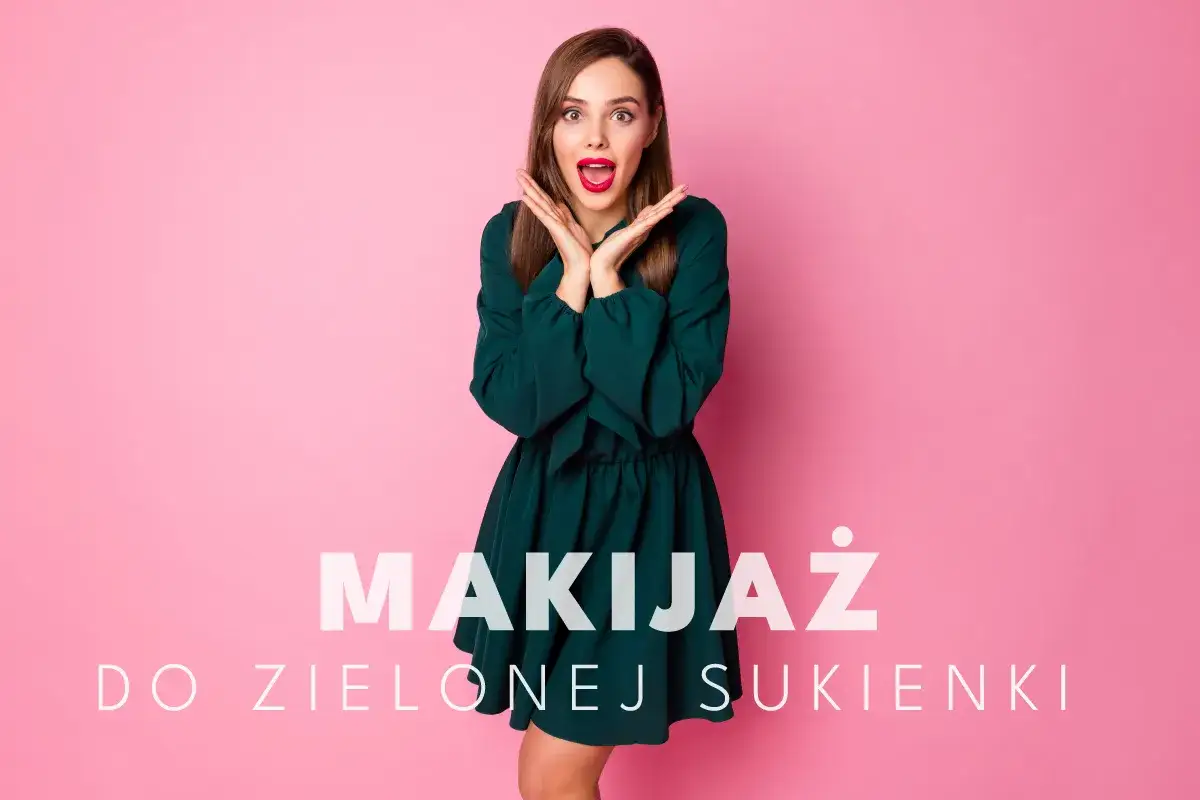 Zachwycona kobieta w zielonej sukience, z ustami pomalowanymi na czerwono, prezentuje inspiracje na makijaż do zielonej sukienki.